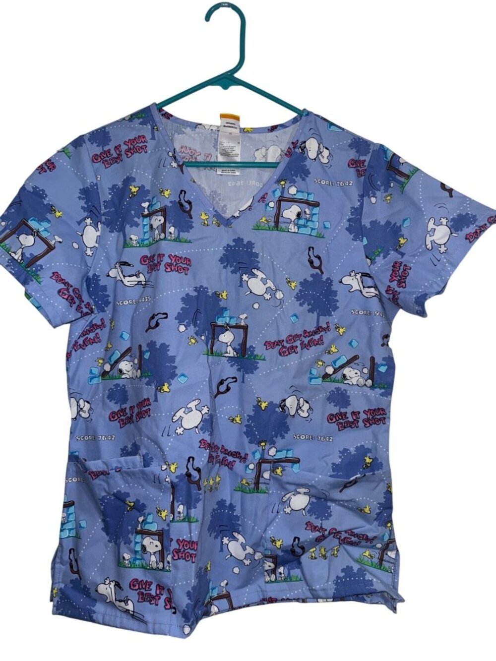 Peanuts Snoopy Scrub Top Cartoon Print S/C Blue 65% Polyester 35% Cotton